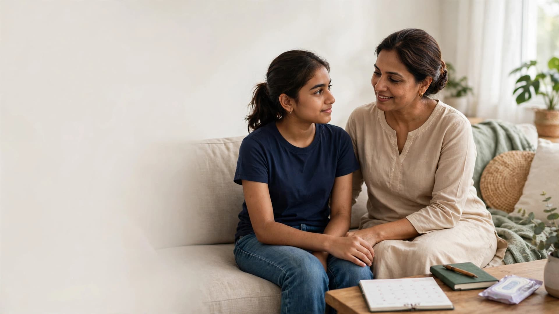 Mother talking with her teenage daughter about periods and gynecological health