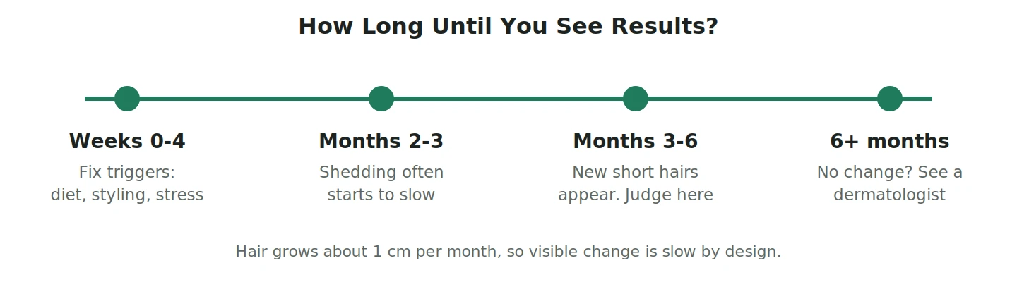 Timeline infographic showing how long natural hair fall remedies take to show results